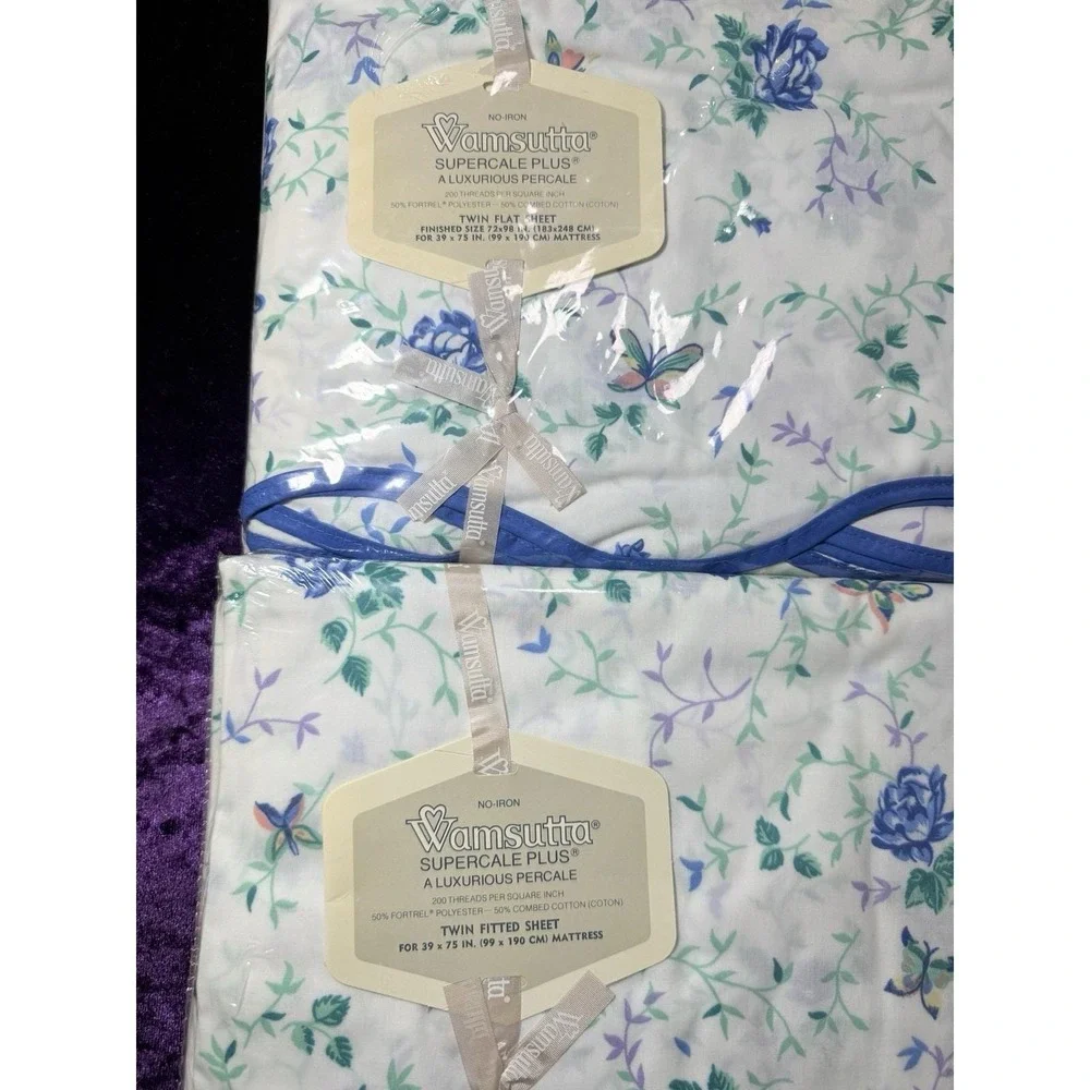 Wamsutta D Porthault Sheet Set TWIN Pompadour Blue Floral Vtg Sheets Butterfly